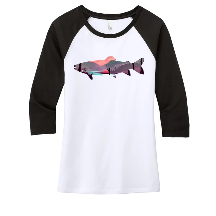 Trout Silhouette Fly Fishing Mountain Sunset River Stream Women's Tri-Blend 3/4-Sleeve Raglan Shirt