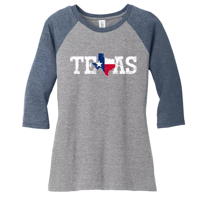 Texas Shaped Flag Grunge Distressed Texas Women's Tri-Blend 3/4-Sleeve Raglan Shirt