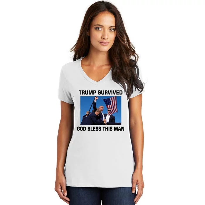 Trump Survived God Bless This Man Gun Shot Pennsylvania Rally Women's V-Neck T-Shirt