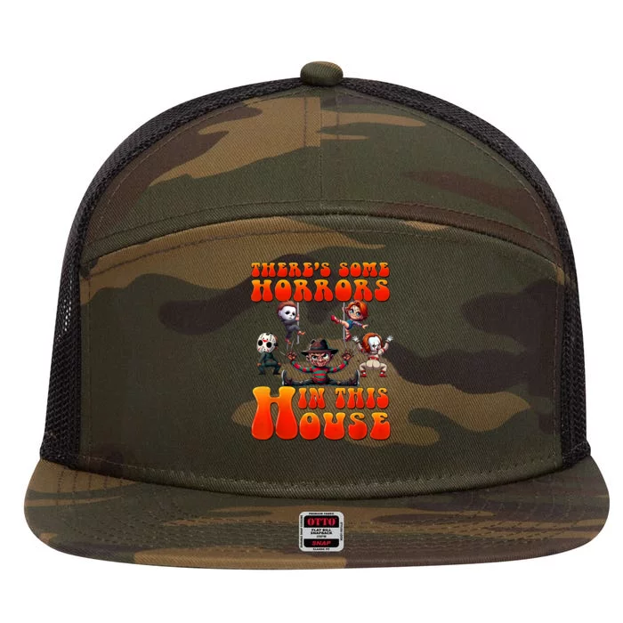 ThereS Some Horrors In This House Funny Horror Characters 7 Panel Mesh Trucker Snapback Hat