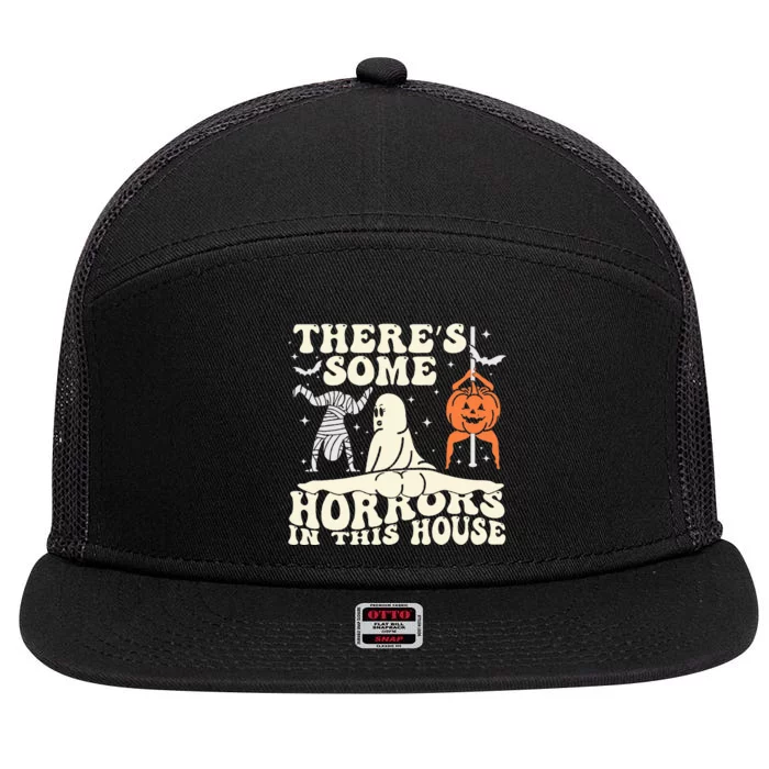 There's Some Horrors In This House Ghost Halloween 7 Panel Mesh Trucker Snapback Hat