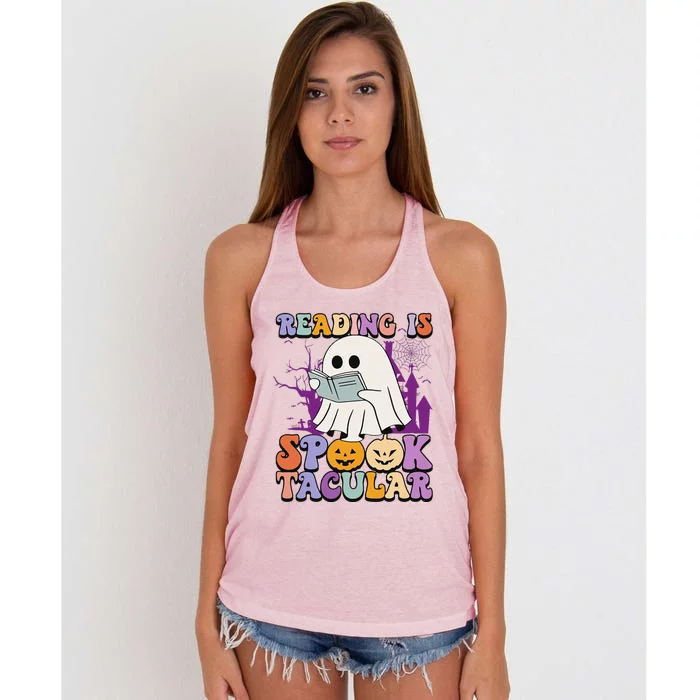 Teachers Students Halloween Reading Is Spook Tacular Women's Knotted Racerback Tank