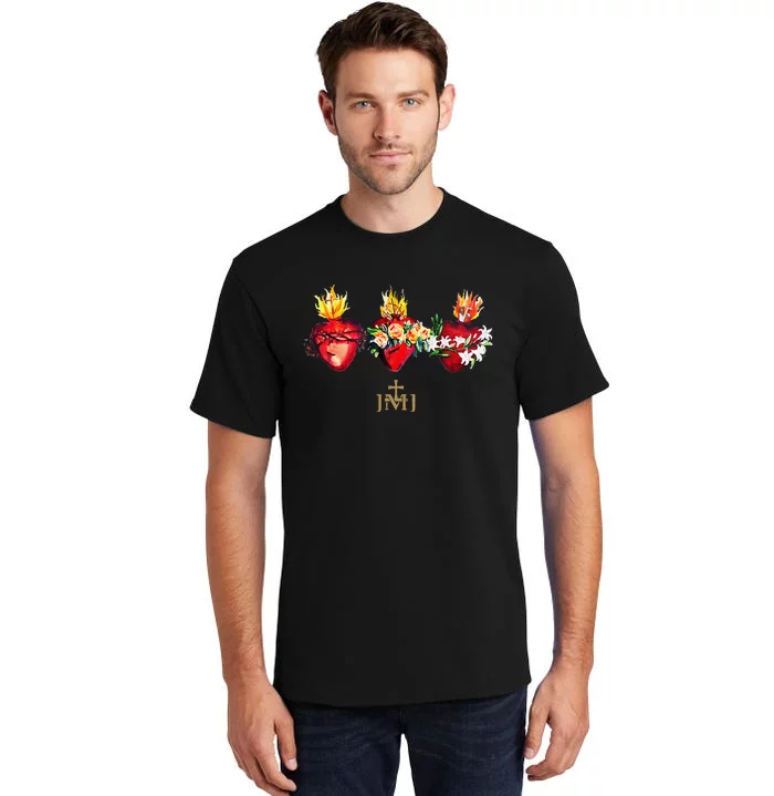 Three Sacred Hearts Of Jesus Mary Joseph Jmj Catholic Tall T-Shirt