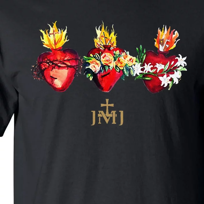 Three Sacred Hearts Of Jesus Mary Joseph Jmj Catholic Tall T-Shirt