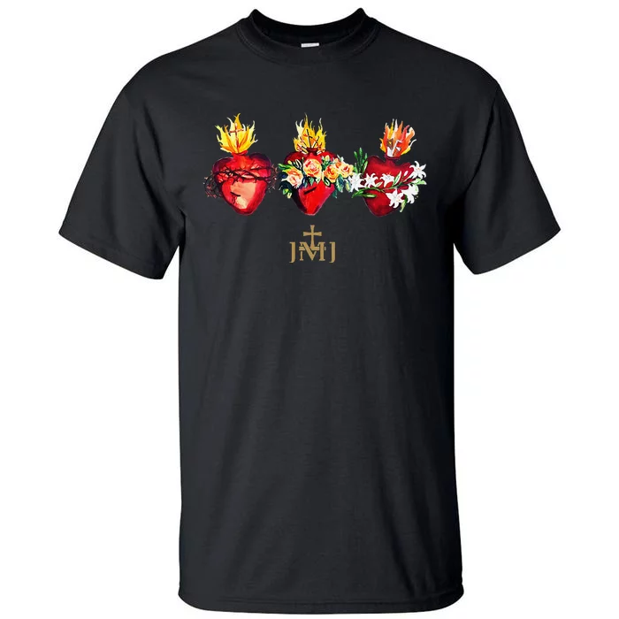 Three Sacred Hearts Of Jesus Mary Joseph Jmj Catholic Tall T-Shirt