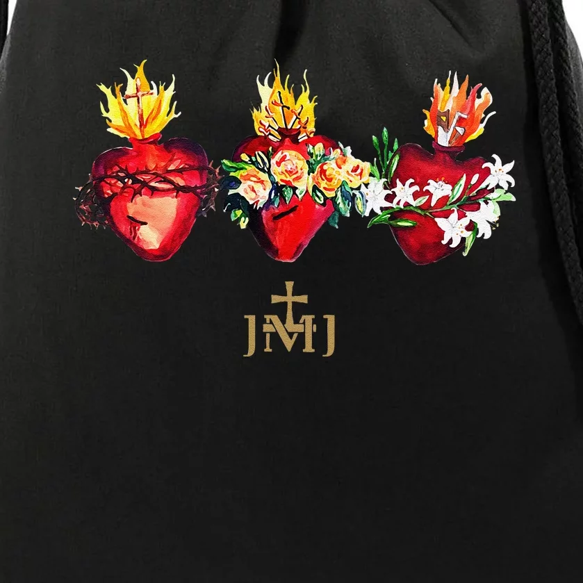 Three Sacred Hearts Of Jesus Mary Joseph Jmj Catholic Drawstring Bag