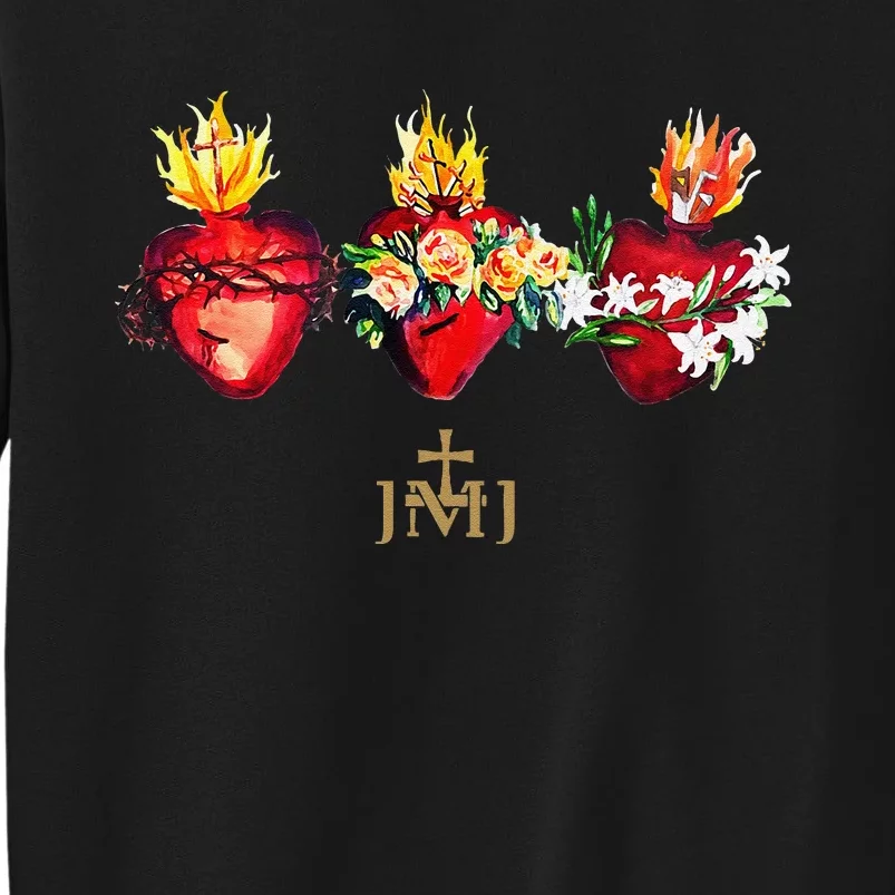 Three Sacred Hearts Of Jesus Mary Joseph Jmj Catholic Tall Sweatshirt