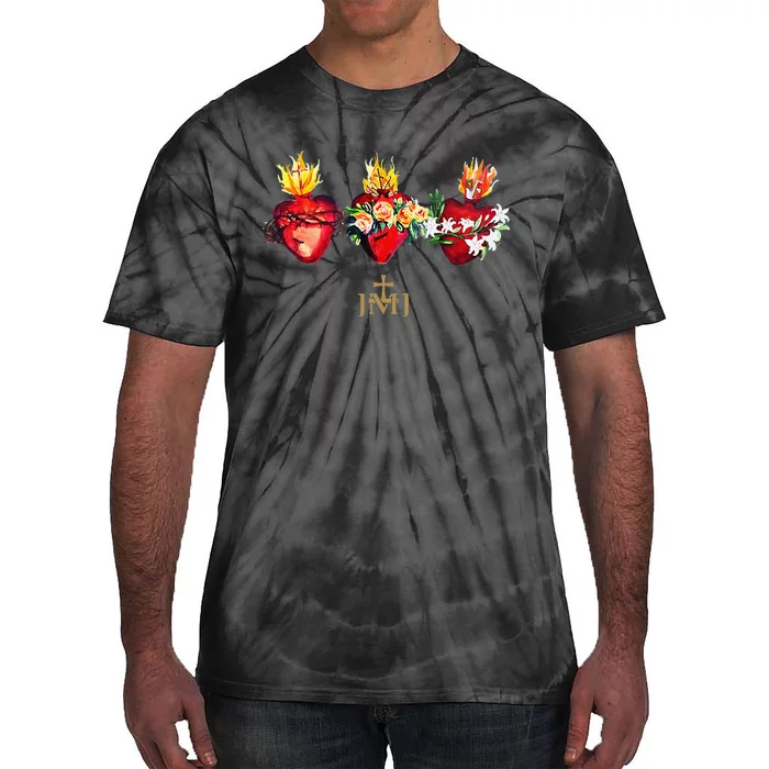 Three Sacred Hearts Of Jesus Mary Joseph Jmj Catholic Tie-Dye T-Shirt