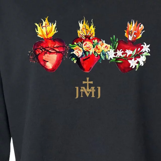 Three Sacred Hearts Of Jesus Mary Joseph Jmj Catholic Cropped Pullover Crew