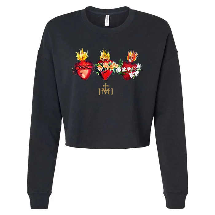 Three Sacred Hearts Of Jesus Mary Joseph Jmj Catholic Cropped Pullover Crew