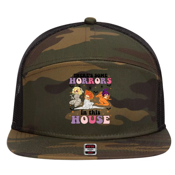 ThereS Some Horrors In This House Sanderson Sisters Funny Horror House 7 Panel Mesh Trucker Snapback Hat