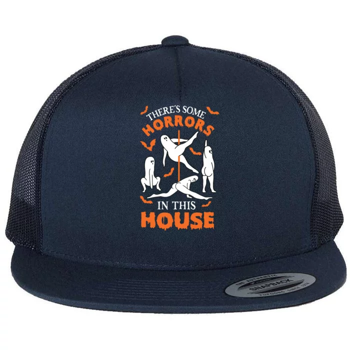 Theres Some Horrors In This House Spooky Ghost Halloween Flat Bill Trucker Hat