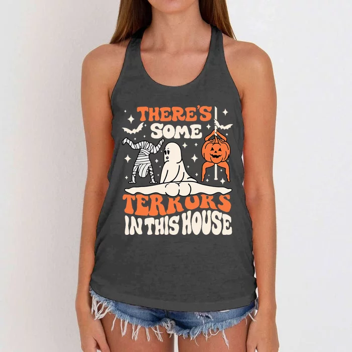 Theres Some Horrors In This House Ghost Pumpkin Halloween Women's Knotted Racerback Tank