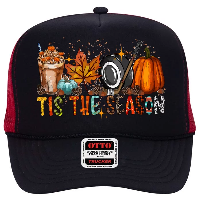 Tis Season Hockey Latte Leaves Hello Pumpkin Halloween Gift High Crown Mesh Trucker Hat