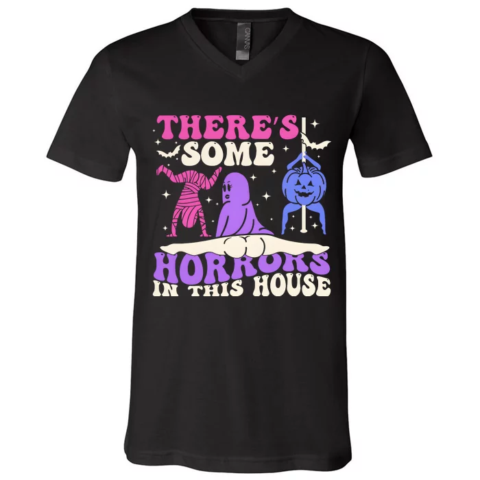 Theres Some Horrors In This House Funny Dancing Ghost Halloween V-Neck T-Shirt