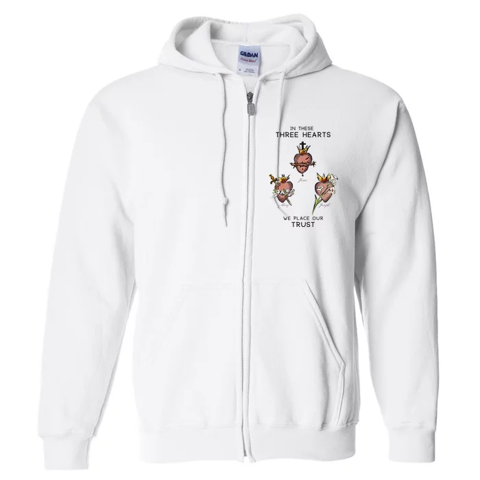 Three Sacred Hearts Of Jesus Mary Joseph Jmj Catholic Full Zip Hoodie