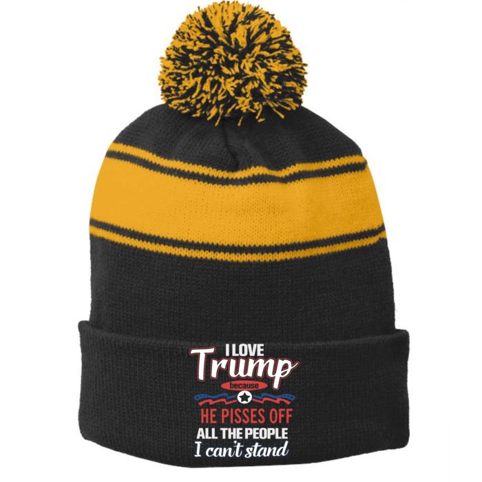 Trump Supporters I Love Trump He Pisses Off All The People I Can’t Stand Front & Back Stripe Pom Pom Beanie