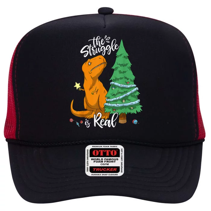 The Struggle Is Real Dinosaur Trex Christmas Tree Xmas Funny High Crown Mesh Trucker Hat