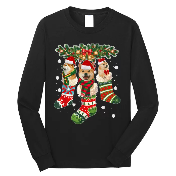 Three Shiba Inu In Sock Christmas Santa X Mas Dog Long Sleeve Shirt