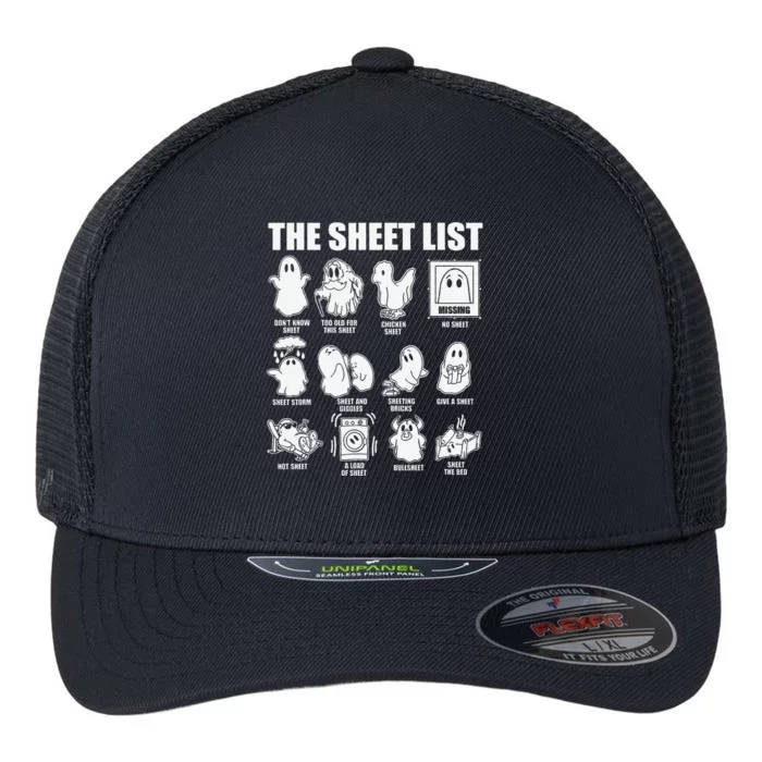 The Sheet List Halloween Funny Boo Sheet Ghost Halloween Flexfit Unipanel Trucker Cap