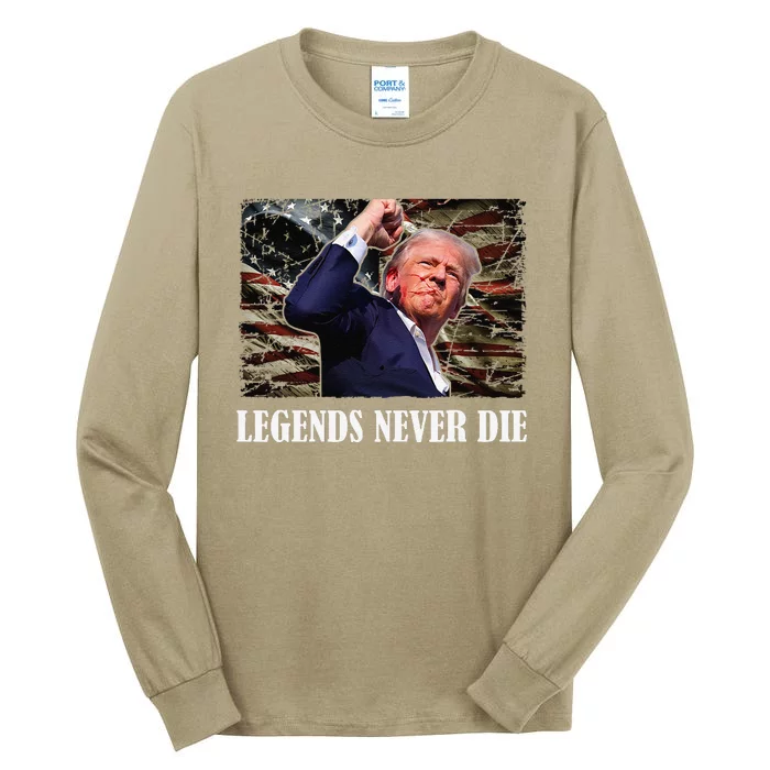 Trump Shot Legends Never Die 2024 Us Flag Vintage Tall Long Sleeve T-Shirt