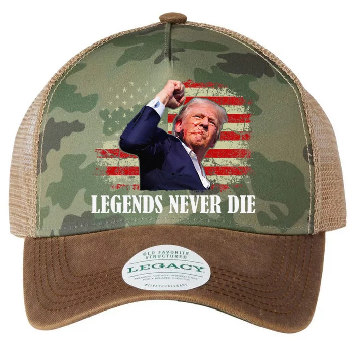 Trump Shot Legends Never Die 2024 Us Flag Vintage Legacy Tie Dye Trucker Hat