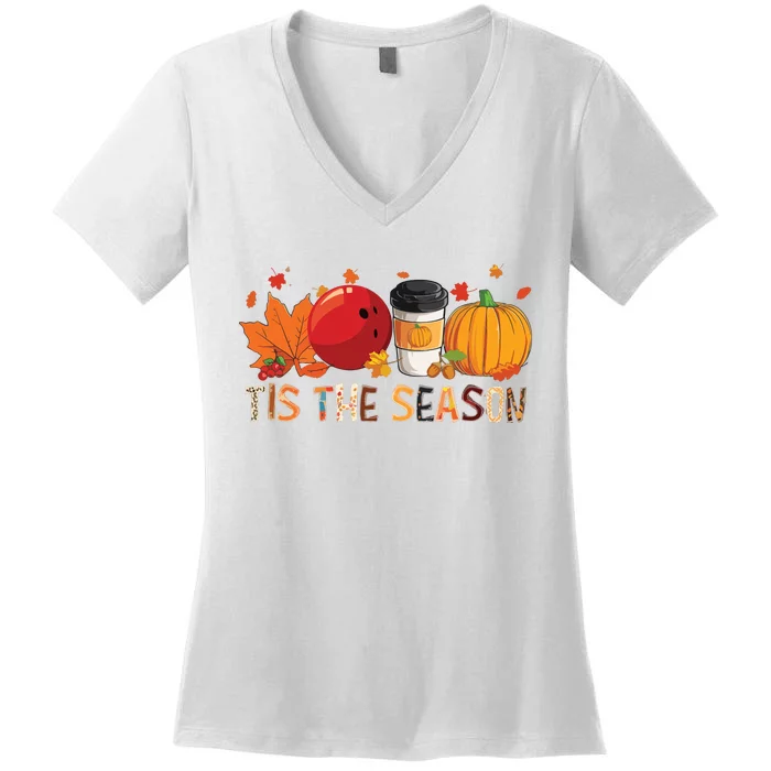 The Season Leopard Pumpkin Bowling Halloween Fall Leaf Women's V-Neck T-Shirt