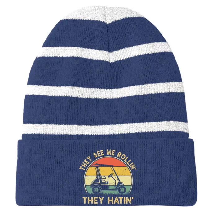 They See Me Rollin They Hatin Golfer Funny Golf Cart Striped Beanie with Solid Band