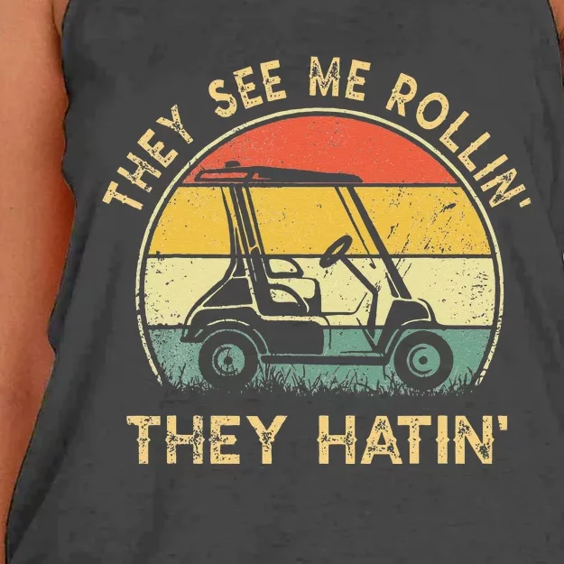 They See Me Rollin They Hatin Golfer Funny Golf Cart Women's Knotted Racerback Tank