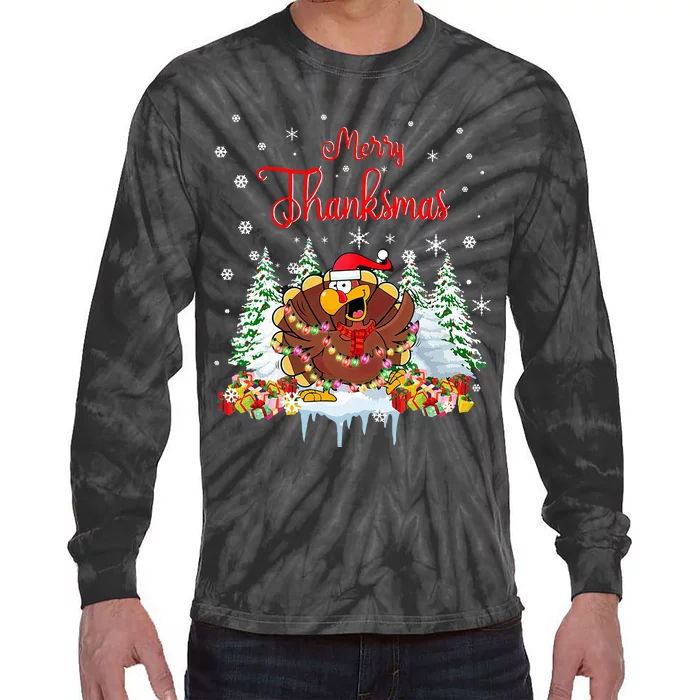 Turkey Santa Merry Thanksmas Christmas Tie-Dye Long Sleeve Shirt