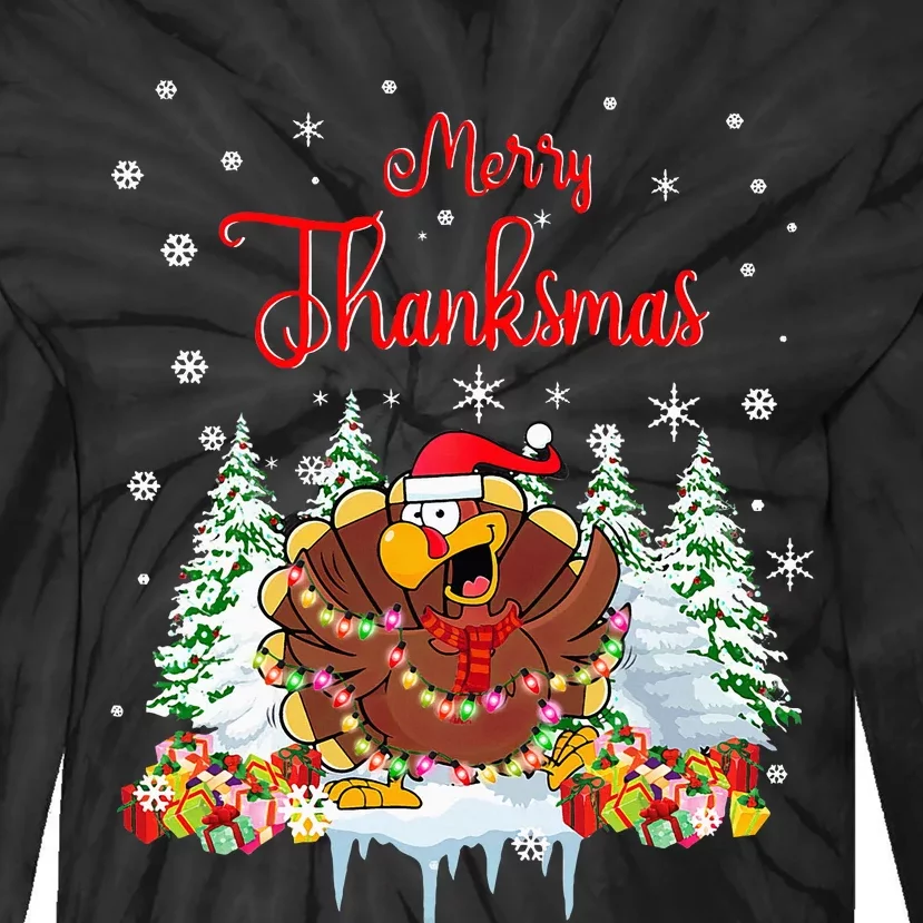 Turkey Santa Merry Thanksmas Christmas Tie-Dye Long Sleeve Shirt