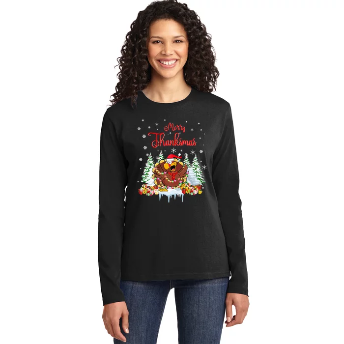 Turkey Santa Merry Thanksmas Christmas Ladies Long Sleeve Shirt