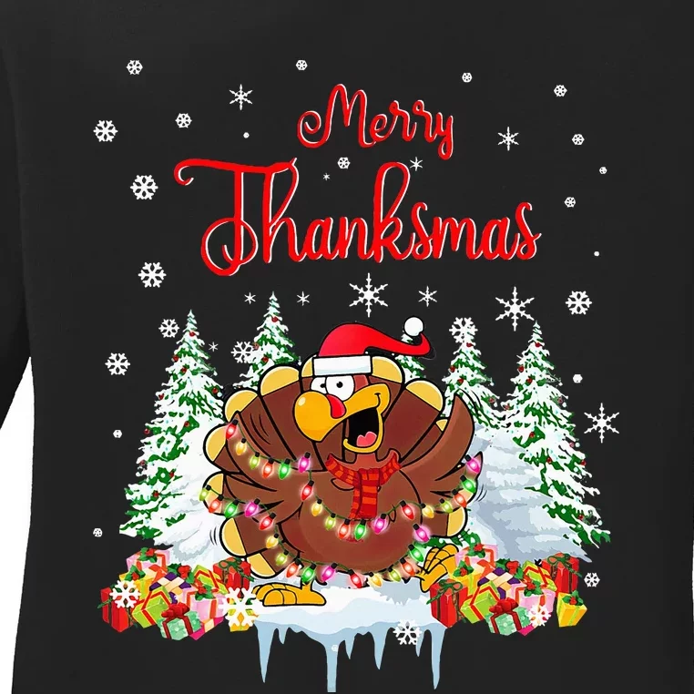 Turkey Santa Merry Thanksmas Christmas Ladies Long Sleeve Shirt