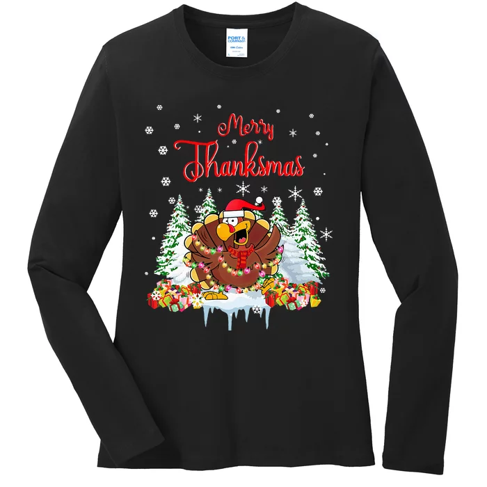 Turkey Santa Merry Thanksmas Christmas Ladies Long Sleeve Shirt