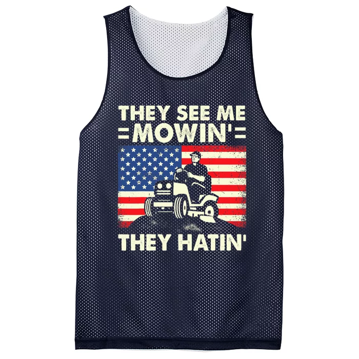 They See Me Mowing They Hatin Funny Lawn Mowing Mesh Reversible Basketball Jersey Tank