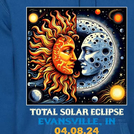 Totality Sun Moon Couple 2024 Retro Total Solar Eclipse Evansville Indiana Premium Hoodie