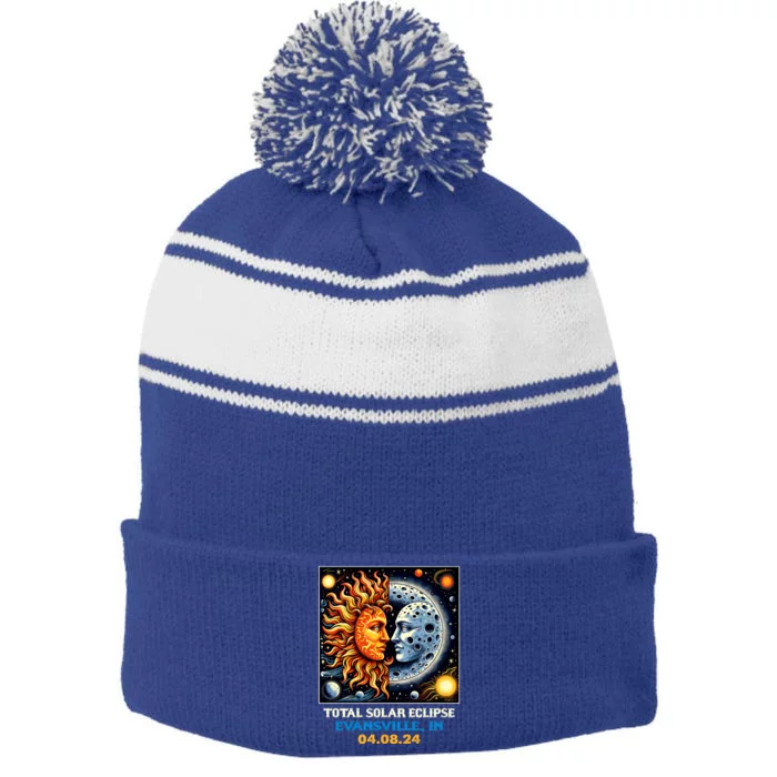 Totality Sun Moon Couple 2024 Retro Total Solar Eclipse Evansville Indiana Stripe Pom Pom Beanie