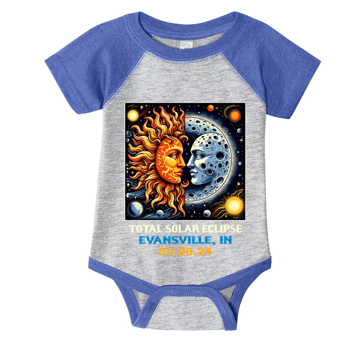 Totality Sun Moon Couple 2024 Retro Total Solar Eclipse Evansville Indiana Infant Baby Jersey Bodysuit