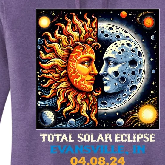 Totality Sun Moon Couple 2024 Retro Total Solar Eclipse Evansville Indiana Women's Pullover Hoodie