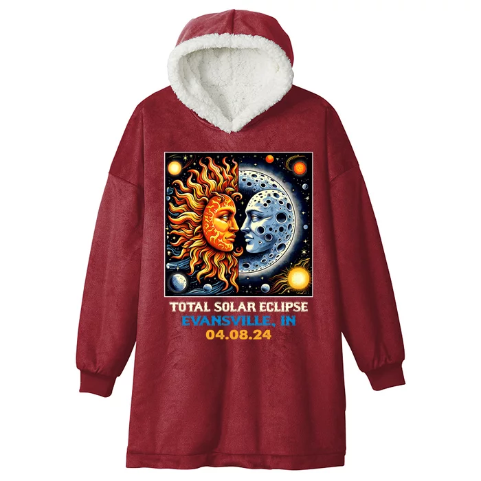 Totality Sun Moon Couple 2024 Retro Total Solar Eclipse Evansville Indiana Hooded Wearable Blanket