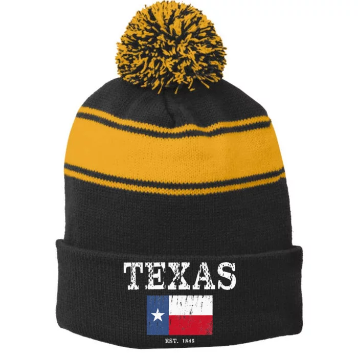 Texas State Map Flag Distressed Stripe Pom Pom Beanie