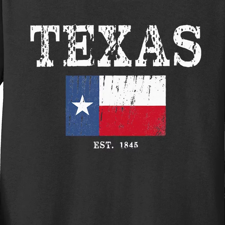 Texas State Map Flag Distressed Kids Long Sleeve Shirt