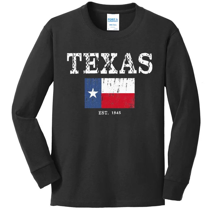 Texas State Map Flag Distressed Kids Long Sleeve Shirt