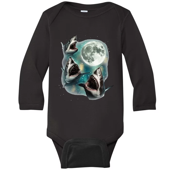 Three Shark Moon 3 Great Whites Howling Wolfs Moon Baby Long Sleeve Bodysuit