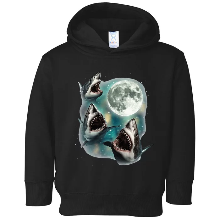 Three Shark Moon 3 Great Whites Howling Wolfs Moon Toddler Hoodie