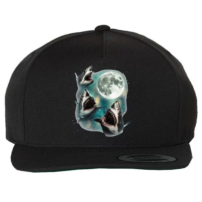 Three Shark Moon 3 Great Whites Howling Wolfs Moon Wool Snapback Cap