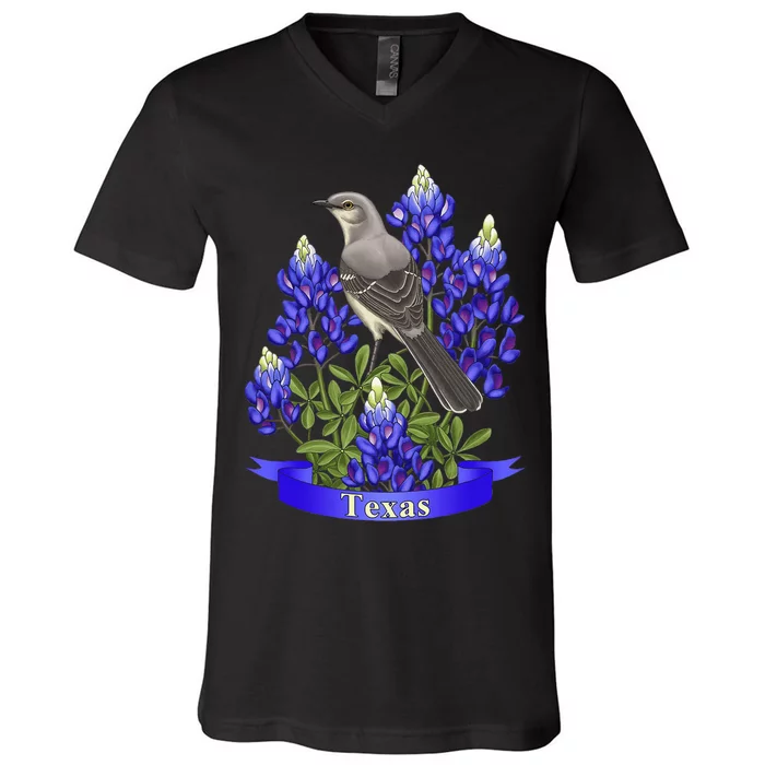 Texas State MockingBird & Purple Bluebonnet Wild Flowers V-Neck T-Shirt