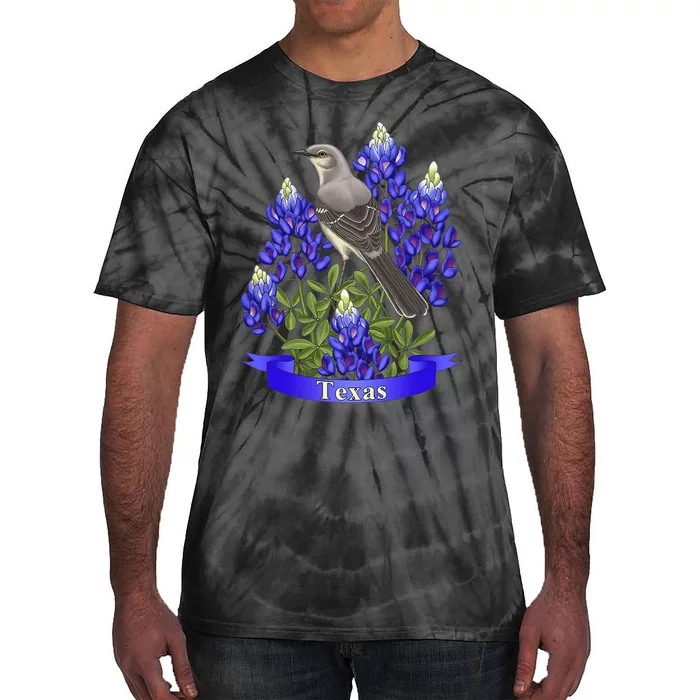 Texas State MockingBird & Purple Bluebonnet Wild Flowers Tie-Dye T-Shirt