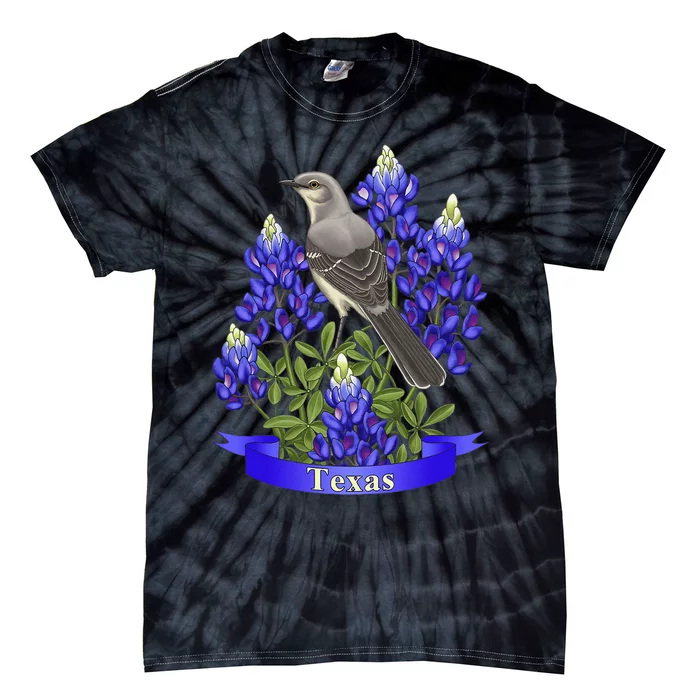 Texas State MockingBird & Purple Bluebonnet Wild Flowers Tie-Dye T-Shirt