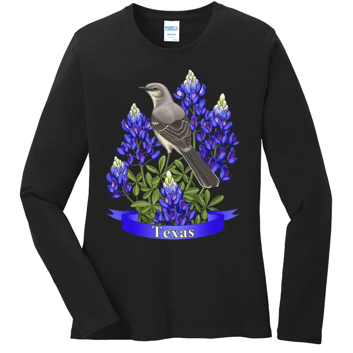 Texas State MockingBird & Purple Bluebonnet Wild Flowers Ladies Long Sleeve Shirt